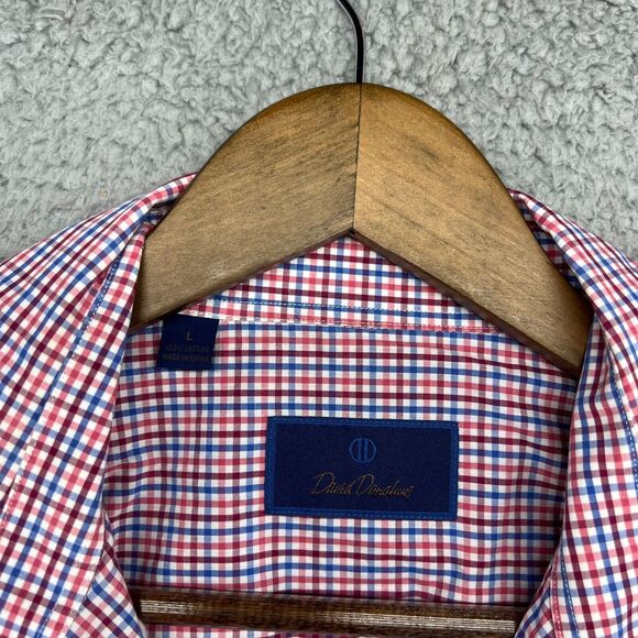David Donahue Shirt Mens Large Blue Red Gingham Plaid Check Button Cotton Oxford - Picture 7 of 11